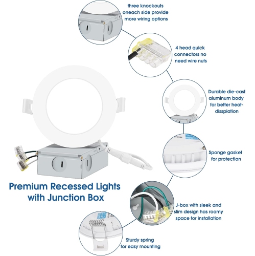INCARLED 4Inch 5CCT LED Recessed Slim Pot Light with Junction Box, 9W 750LM Dimmable IC Rated Color Changeable Ceiling Lighting