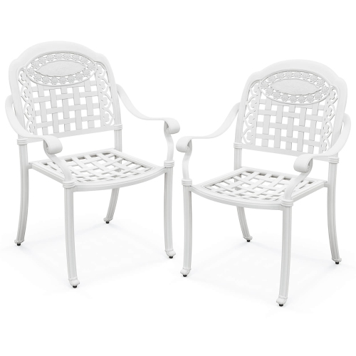 COSTWAY  2 PCs Patio Cast Aluminum Armrest Chairs Dining Stackable Outdoor In White