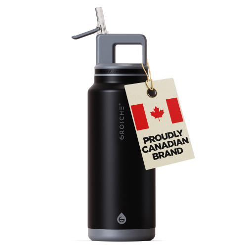 Image 1 de 8.. Bouteille d’eau isotherme GROSCHE ALPINE Flip 'N SIP, bouteille d’eau étanche avec paille | 40&nbsp;oz. - Noir graphite