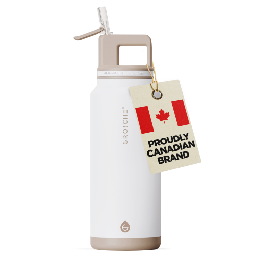 Image 1 de 7.. Bouteille d'eau isotherme GROSCHE ALPINE Flip 'N SIP, bouteille d'eau étanche avec paille| 40&nbsp;oz. - Blanc crème