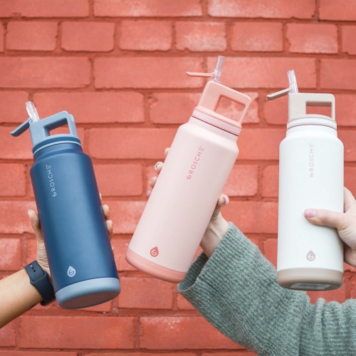 GROSCHE ALPINE Flip 'N Sip Insulated Water Bottle, Leakproof Water Bottle with Straw| 40oz. - Cream White