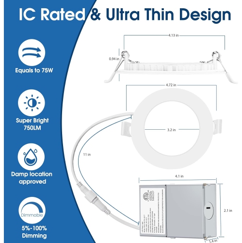 INCARLED 4Inch 5CCT LED Recessed Slim Pot Light with Junction Box, 2700K 3000K 3500K 4000K 5000K Dimmable IC Rated Ceiling Lighting 9W 750LM (6pack,