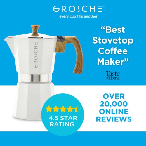 GROSCHE MILANO Stovetop Espresso Maker 6 Espresso Cups Moka Pot | Home Espresso Coffee Maker - White