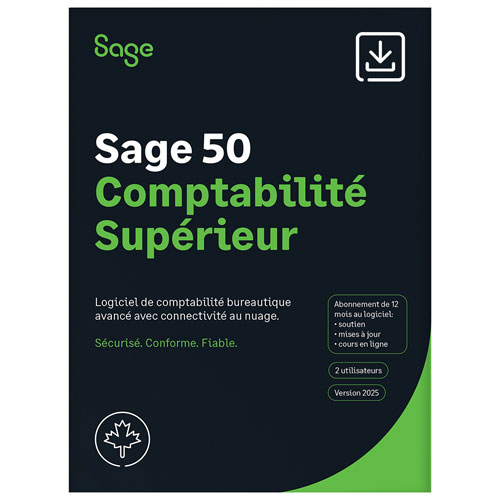 Sage 50 Comptabilité Supérieur 2025 - Abonnement d'un an - 2 utilisateurs - Bilingue - Téléchargement numérique