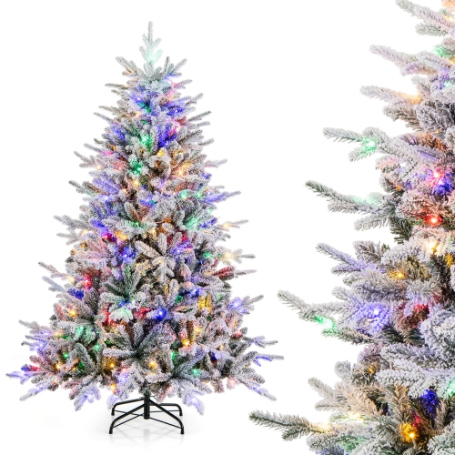 Costway 6 FT Flocked Christmas Tree with 8 Lighting Modes 260 Multi-Color LED Lights