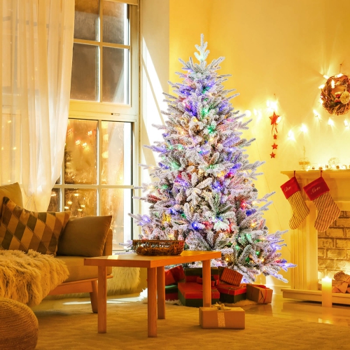 Costway 6 FT Flocked Christmas Tree with 8 Lighting Modes 260 Multi-Color LED Lights