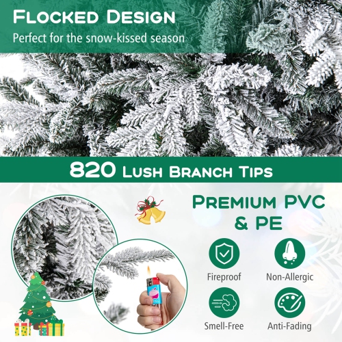 Costway 6 FT Flocked Christmas Tree with 8 Lighting Modes 260 Multi-Color LED Lights