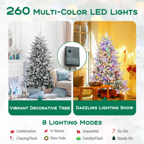 Costway 6 FT Flocked Christmas Tree with 8 Lighting Modes 260 Multi-Color LED Lights