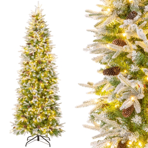 Costway 7.5 FT Flocked Christmas Tree with 913 PE PVC Branch Tips 350 Warm White LED Lights