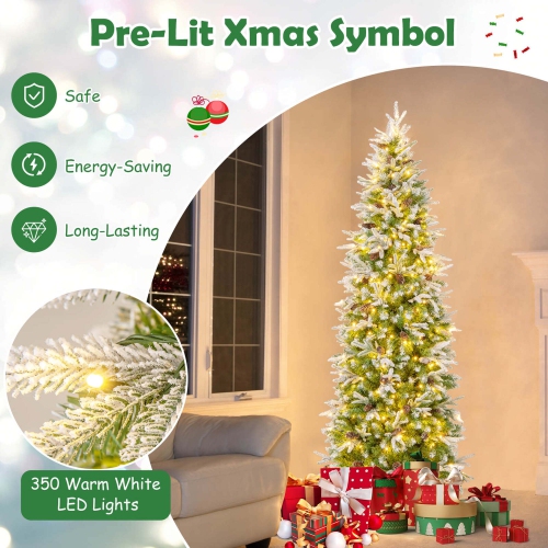Costway 7.5 FT Flocked Christmas Tree with 913 PE PVC Branch Tips 350 Warm White LED Lights