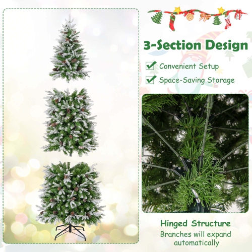 Costway 7.5 FT Flocked Christmas Tree with 913 PE PVC Branch Tips 350 Warm White LED Lights