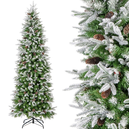 Costway 7.5 FT Flocked Christmas Tree with 913 PE PVC Branch Tips 350 Warm White LED Lights