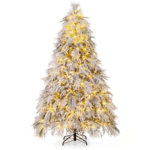 COSTWAY  9 Ft Flocked Christmas Tree With 1310 Pe Pvc Branch Tips 470 Warm Led Lights In White