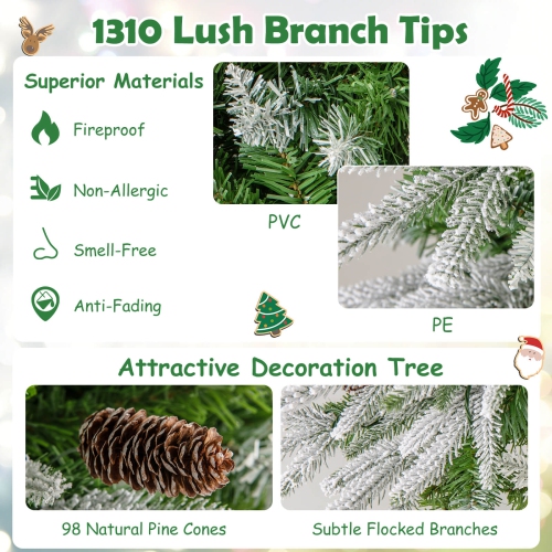 Costway 9 FT Flocked Christmas Tree with 1310 PE PVC Branch Tips 470 Warm White LED Lights
