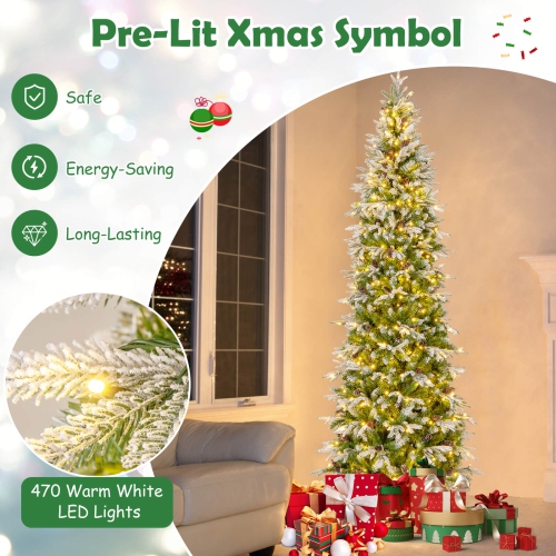 Costway 9 FT Flocked Christmas Tree with 1310 PE PVC Branch Tips 470 Warm White LED Lights