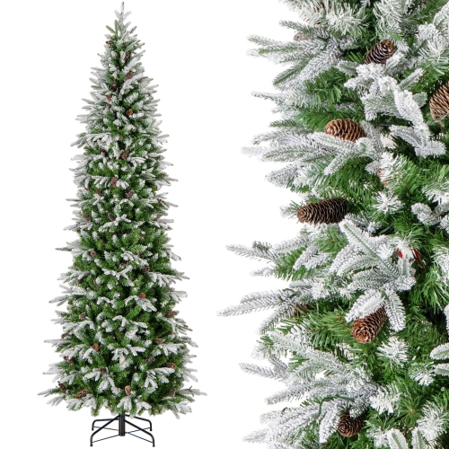 Costway 9 FT Flocked Christmas Tree with 1310 PE PVC Branch Tips 470 Warm White LED Lights