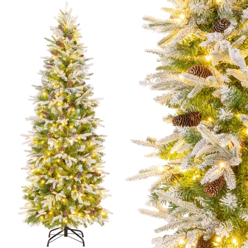 Costway 6 FT Flocked Christmas Tree with 671 PE PVC Branch Tips 280 Warm White LED Lights