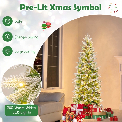 Costway 6 FT Flocked Christmas Tree with 671 PE PVC Branch Tips 280 Warm White LED Lights