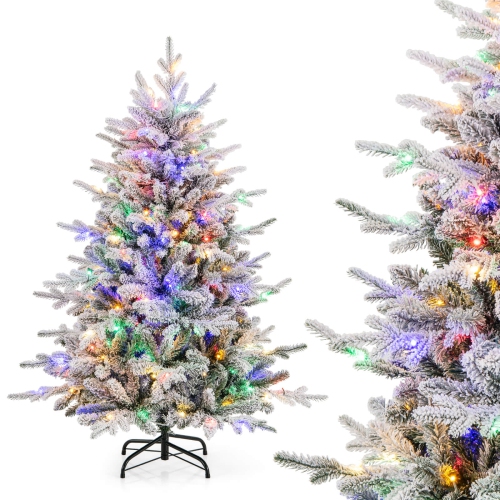 COSTWAY  4.5 Ft Flocked Christmas Tree With 8 Lighting Modes 160 Multi-Color Led Lights