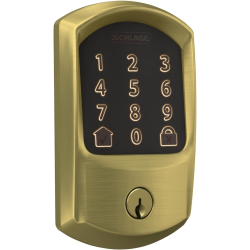 Schlage Encode WiFi Deadbolt Smart Lock, Keyless Entry Touchscreen Door Lock with Greenwich Trim in Satin Brass, BE489WB GRW 608