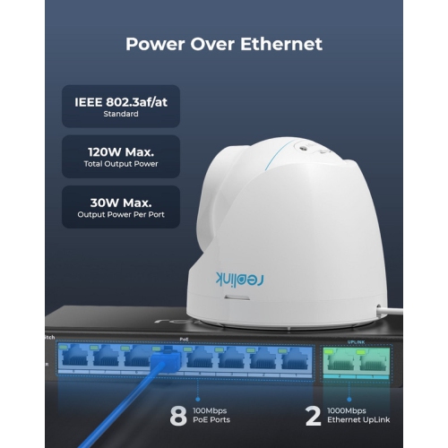 Reolink PoE Switch with 8 PoE Ports and 2 Gigabit Uplink Ports, 120W Power Budget, RLA-PS1
