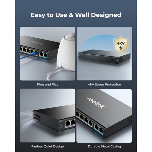 Reolink PoE Switch with 8 PoE Ports and 2 Gigabit Uplink Ports, 120W Power Budget, RLA-PS1