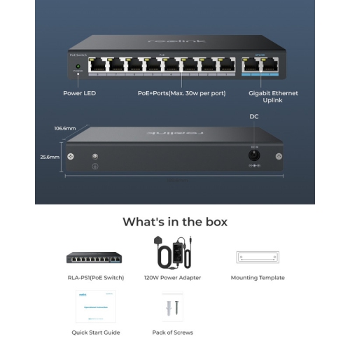 Reolink PoE Switch with 8 PoE Ports and 2 Gigabit Uplink Ports, 120W Power Budget, RLA-PS1