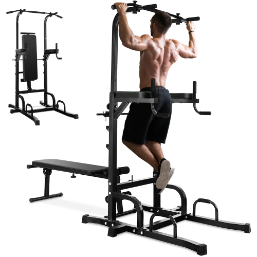 COSTWAY  Adjustable Power Tower Pull Up Bar Stand Dip Station Equipment With Bench Home Gym