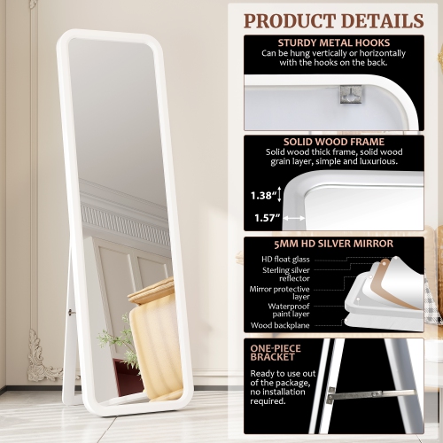 Miroir pleine longueur en bois massif Vlsrka, miroir pleine grandeur en bois, grand miroir au sol, miroir vertical ou mural - Blanc