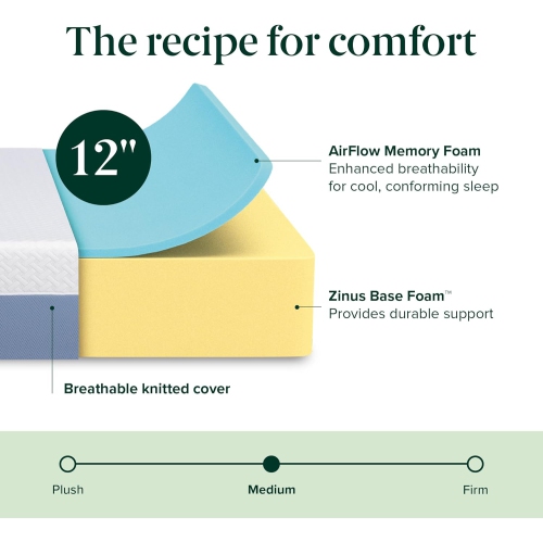 ZINUS 12 Inch Cooling Essential Memory Foam Mattress, Twin, Fiberglass Free, Medium Feel, Cooling Airflow Memory Foam, Certified Safe Foams & Fabric,