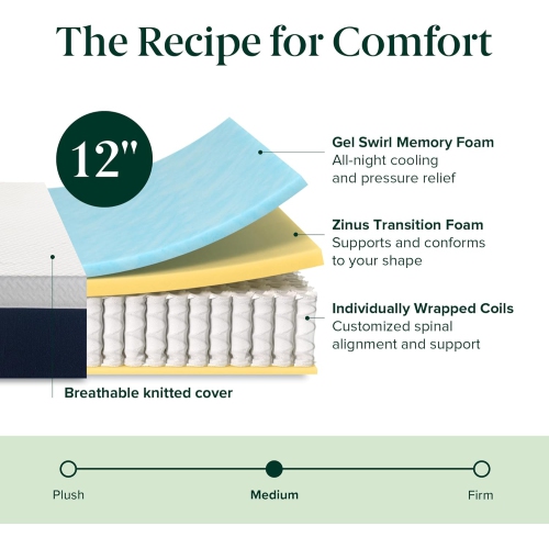 Zinus Full Mattress - 12 Inch Green Tea Cooling Gel Memory Foam Hybrid Mattress, Pocket Coil Springs for Motion Isolation, CertiPUR-US Certified