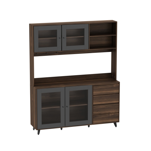 FAMAPY  Large Kitchen Pantry Cabinet With Glass Doors, Open Shelves, And Ample Storage (63" W X 15.7" D X 74.8" H) Dark Walnut