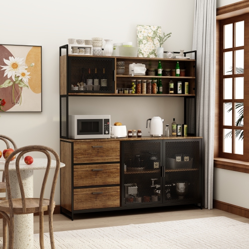 Famapy Kitchen Buffet Cabinet with Mesh Doors, Open Shelves, and Drawer Storage Dark Brown