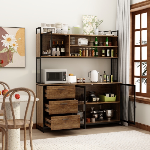 Famapy Kitchen Buffet Cabinet with Mesh Doors, Open Shelves, and Drawer Storage Dark Brown