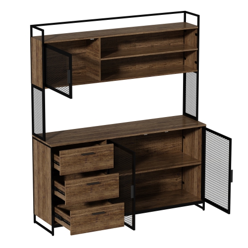 Famapy Kitchen Buffet Cabinet with Mesh Doors, Open Shelves, and Drawer Storage Dark Brown
