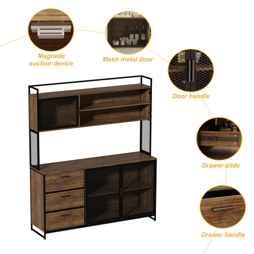 Famapy Kitchen Buffet Cabinet with Mesh Doors, Open Shelves, and Drawer Storage Dark Brown