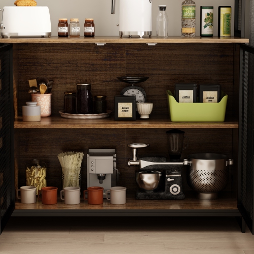 Famapy Kitchen Buffet Cabinet with Mesh Doors, Open Shelves, and Drawer Storage Dark Brown