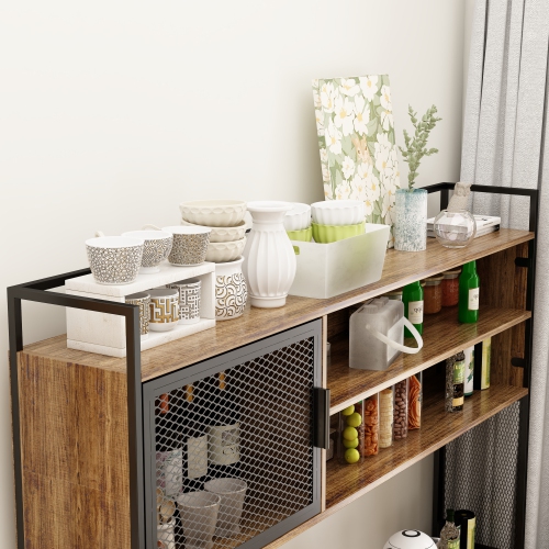 Famapy Kitchen Buffet Cabinet with Mesh Doors, Open Shelves, and Drawer Storage Dark Brown