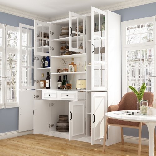 Famapy Large Buffet Pantry Cabinet with Glass Doors, Adjustable Shelves, and Ample Storage for Dining Room or Kitchen White