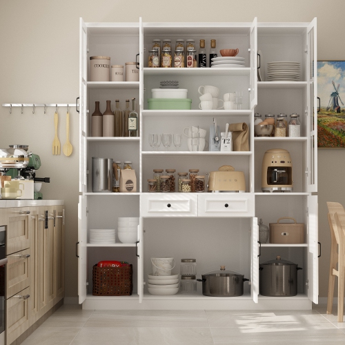 Famapy Large Buffet Pantry Cabinet with Glass Doors, Adjustable Shelves, and Ample Storage for Dining Room or Kitchen White
