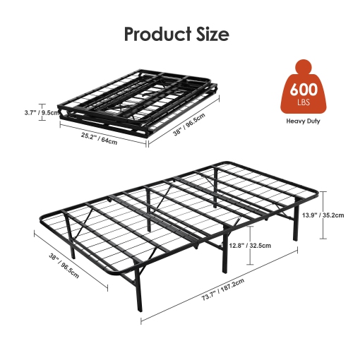 Foldable Twin Size Bed Frames, Heavy Duty Metal Platform Bed Mattress Foundation Hold Up to 600LBS