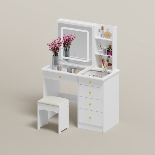 Famapy Vanity Desk Set Makeup Table with Large Lighted Mirror, Dressing Table with 5 Drawers, Storage Shelves & Cushioned Stool for Bedroom(39.4" W x