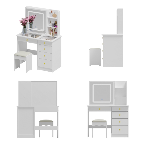 Famapy Vanity Desk Set Makeup Table with Large Lighted Mirror, Dressing Table with 5 Drawers, Storage Shelves & Cushioned Stool for Bedroom(39.4" W x