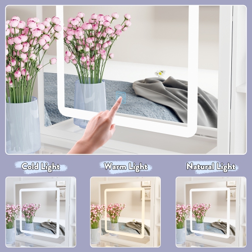 Famapy Vanity Desk Set Makeup Table with Large Lighted Mirror, Dressing Table with 5 Drawers, Storage Shelves & Cushioned Stool for Bedroom(39.4" W x