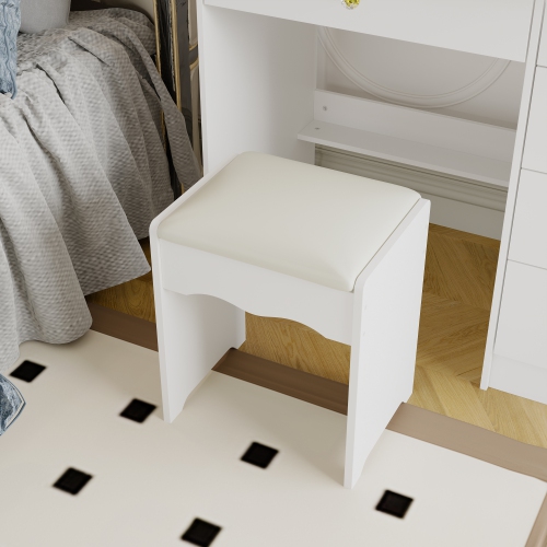 Famapy Vanity Desk Set Makeup Table with Large Lighted Mirror, Dressing Table with 5 Drawers, Storage Shelves & Cushioned Stool for Bedroom(39.4" W x