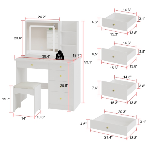 Famapy Vanity Desk Set Makeup Table with Large Lighted Mirror, Dressing Table with 5 Drawers, Storage Shelves & Cushioned Stool for Bedroom(39.4" W x