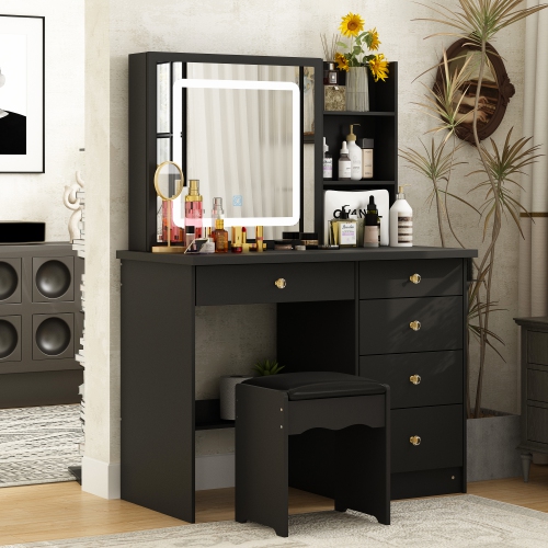 Famapy Vanity Desk Set Makeup Table with Large Sliding Lighted Mirror, Dressing Table with 5 Drawers, Storage Shelves & Cushioned Stool for