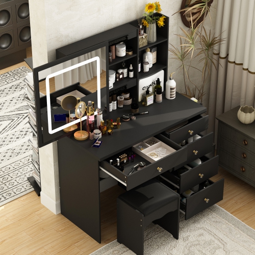 Famapy Vanity Desk Set Makeup Table with Large Sliding Lighted Mirror, Dressing Table with 5 Drawers, Storage Shelves & Cushioned Stool for