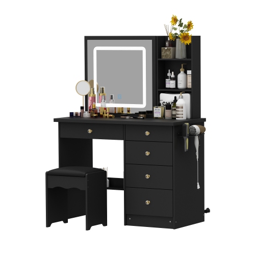 Famapy Vanity Desk Set Makeup Table with Large Sliding Lighted Mirror, Dressing Table with 5 Drawers, Storage Shelves & Cushioned Stool for