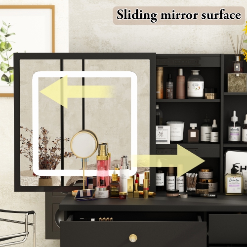 Famapy Vanity Desk Set Makeup Table with Large Sliding Lighted Mirror, Dressing Table with 5 Drawers, Storage Shelves & Cushioned Stool for